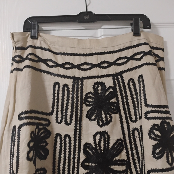 Cottage Core 90's Linen Beige Black Embroidered A-Line Boho Skirt 14 Festival - Picture 9 of 11